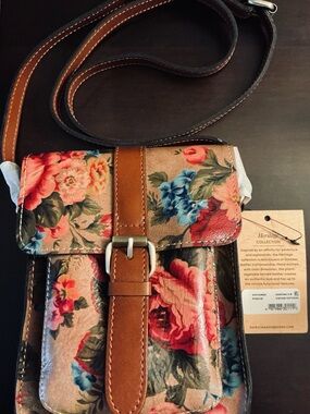 Patricia Nash Floral Crossbody in Brown with Pink & Blue Accents